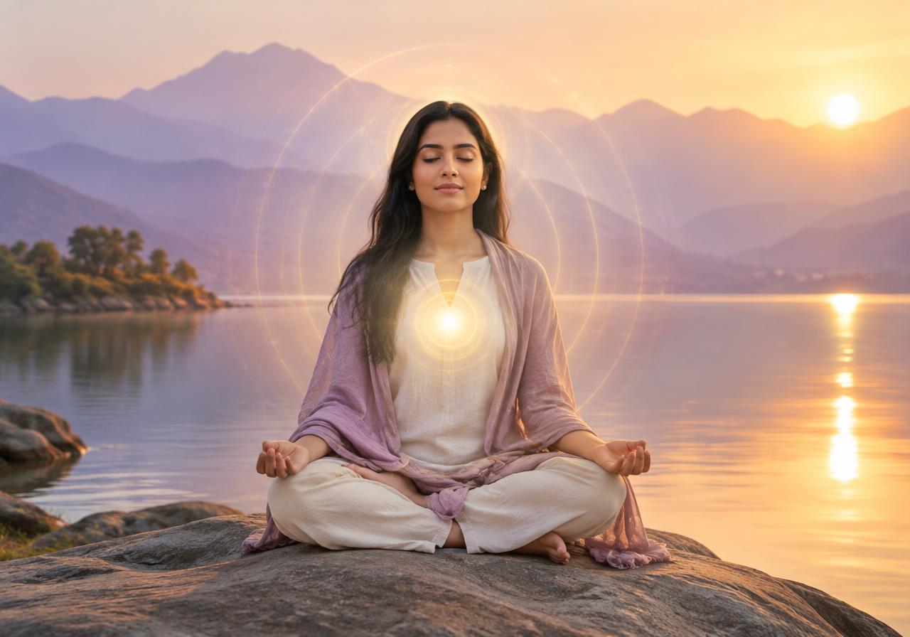 Woman meditating peacefully by a lake at sunrise
