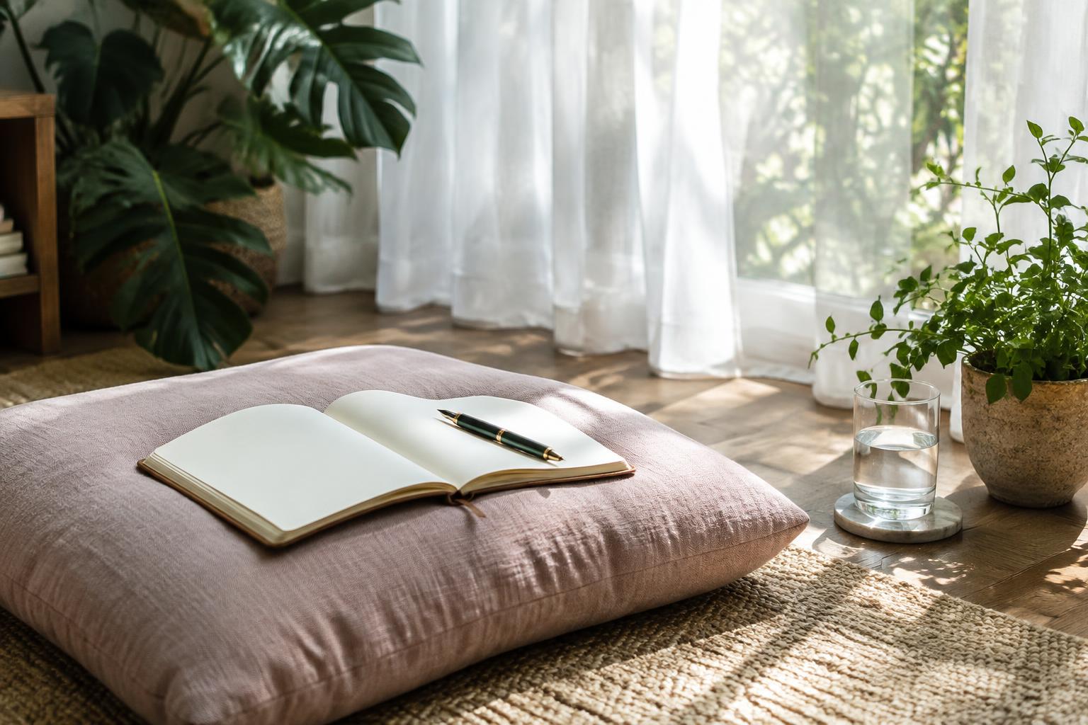 An inviting space for reflection with a journal and meditation cushion